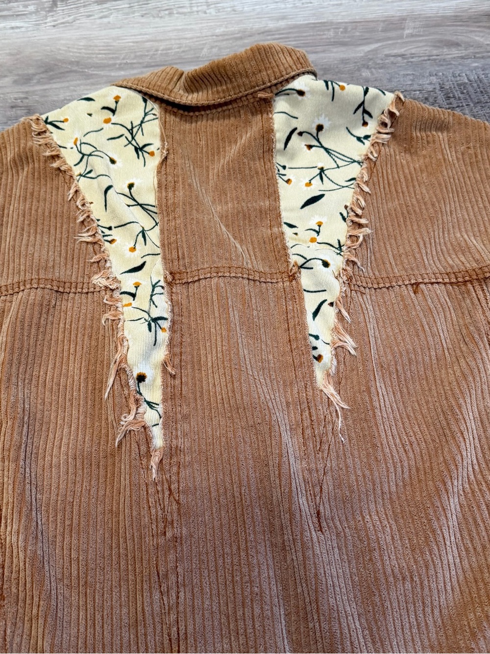 POL Oversized Corduroy Distressed Patchwork Floral Shacket Boho Raw Edge Jacket - Picture 7 of 12